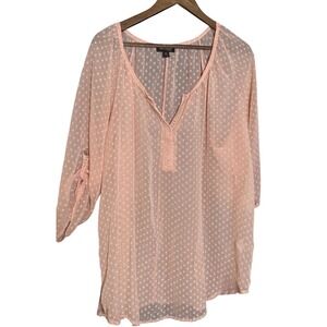 Vintage Cal eyelet cottage Style Peach Sheer Long Sleeve Tunic Boho Blouse 2XL